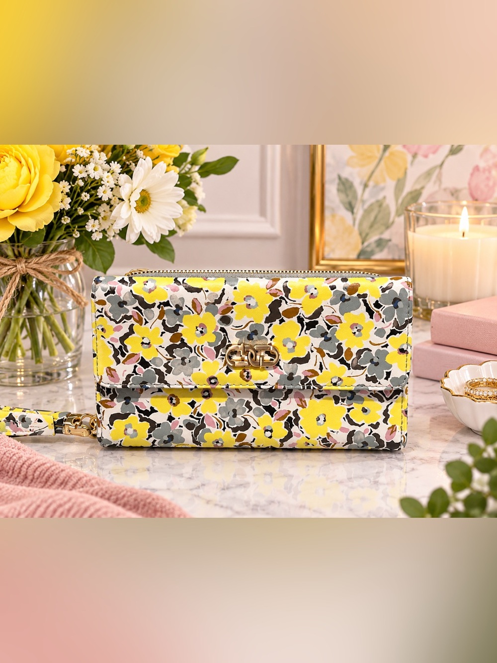 NWT Time and Tru Floral Wristlet Wallet Clutch Yellow Multicolor